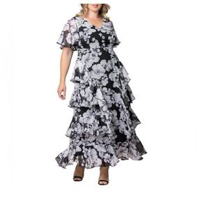 Kiyonna Black and White Floral Maxi Dress -Tour de Flounce Evening Gown